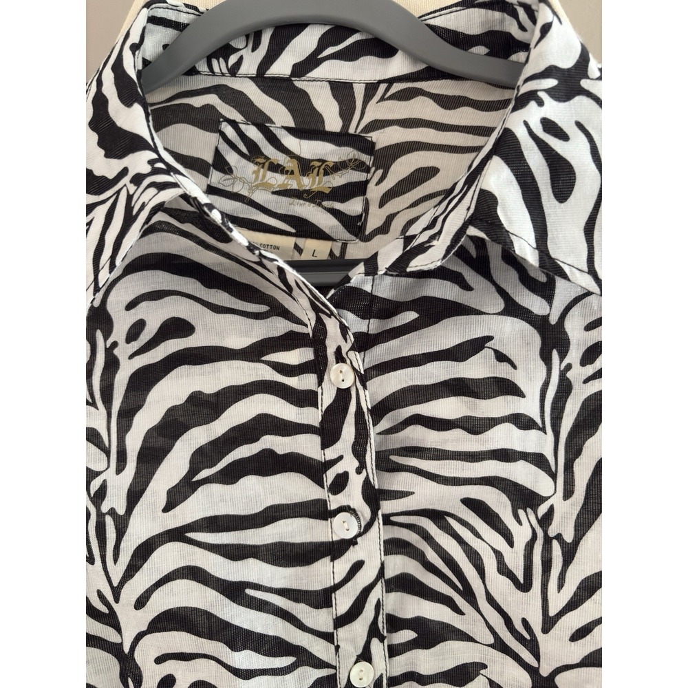 LAL NWT Cotton Silk Blend Top Women's Large White Black Zebra Print 3/4 Sleeve
